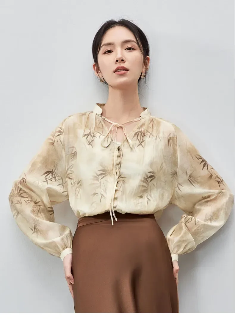 

SENTUBILA 2 Piece Sets Outfits Women's Clothing 2025 Autumn Basic Vest Tops Linen Print Lantern Sleeve Lace-Up Shirts 143V55857