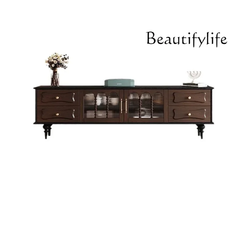 X36 French Medieval Solid Wood TV Cabinet Black Small Apartment Living Room Home Audio-visual Cabinet