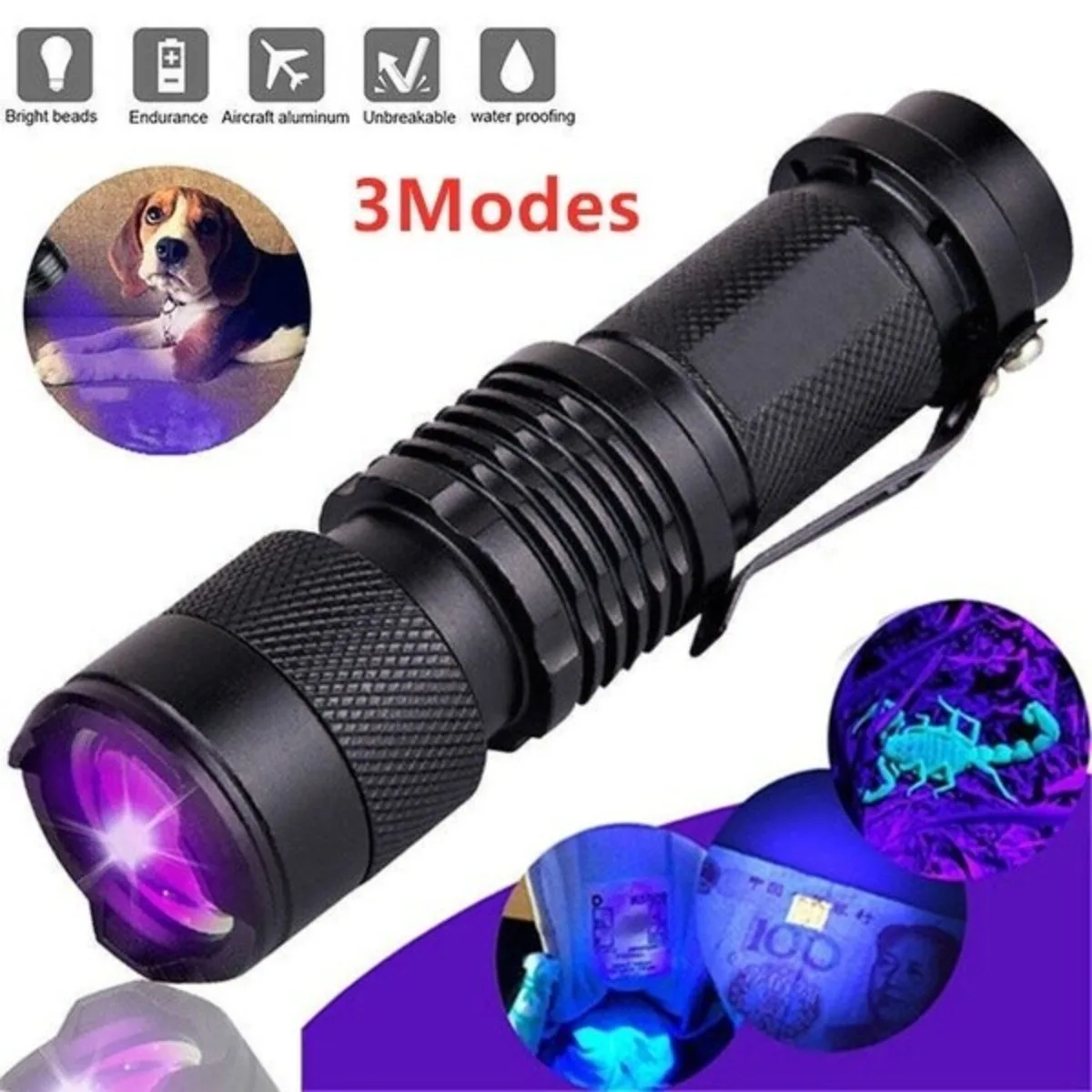 UV LED Flashlight 395nm Portable Mini Ultraviolet Torch Waterproof Zoomable Violet Light Pet Urine Scorpion Detector UV Lamp
