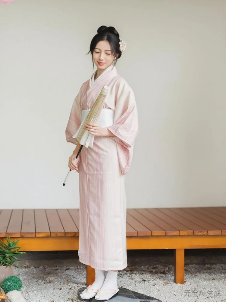 

Japanese Women's Formal Pink Stripe Pattern Kimono Yukata Set with Obi Non-Wrinkle Photography Dress Cosplay Costume