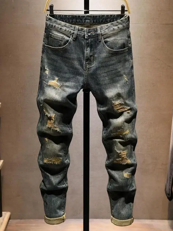 

Джинсы с дырками в стиле ретро, мужские узкие прямые длинные брюки, весна-осень, новинка, высокое качество, модная брендовая молодежная повседневная одежда