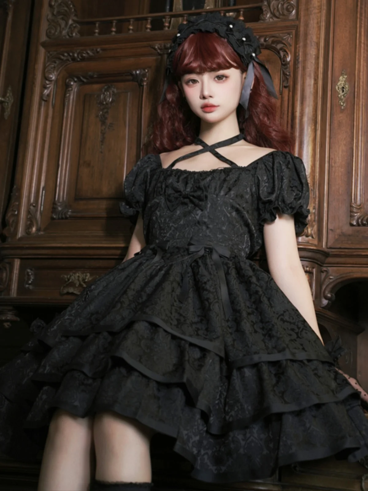 Lolita Dresses Short Sleeve Op Three-Section Dark Goth Solid Color Dress