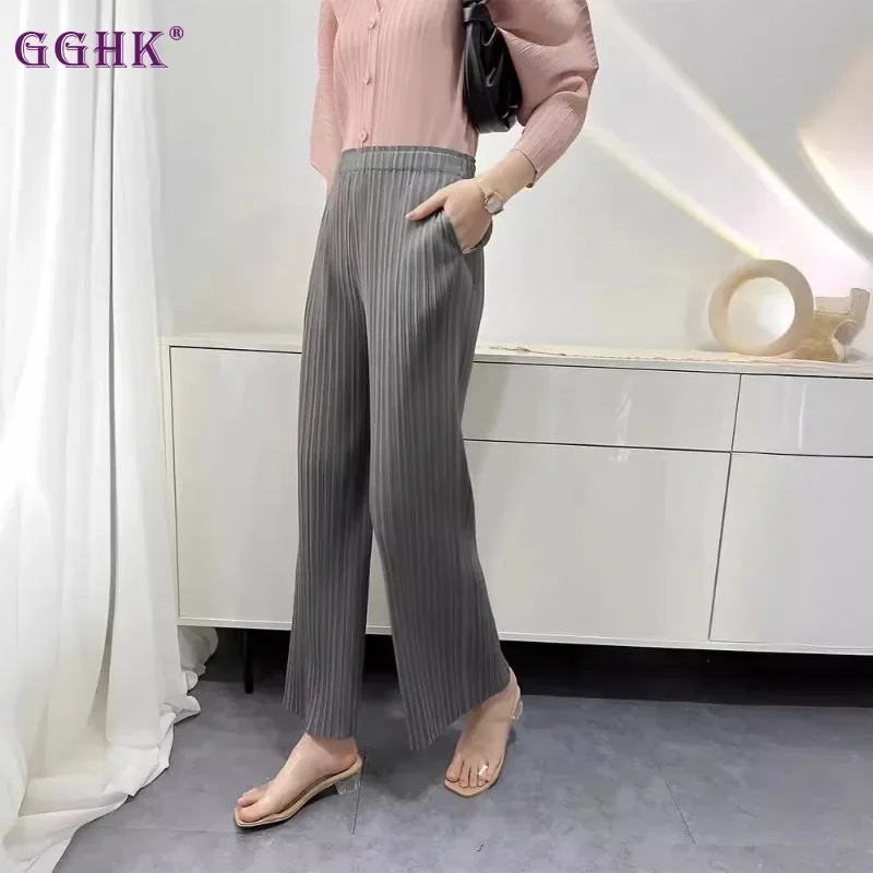 

GGHK Pleated Women Casual Straight Pants 2024 Fall New Solid Color High Waist Loose Large Size Design Classic VersatileTrousers