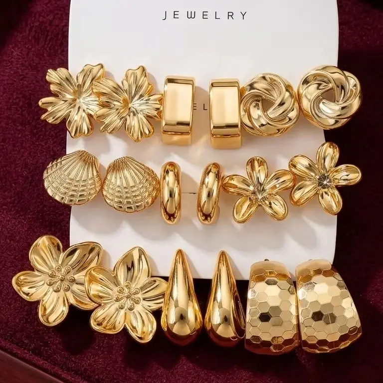 9 Pairs Gold Color Exaggerated Earrings Set For Women Fashion Flower Leaf Stud Hoop Earrings Party Daily Wear Jewelry Gifts