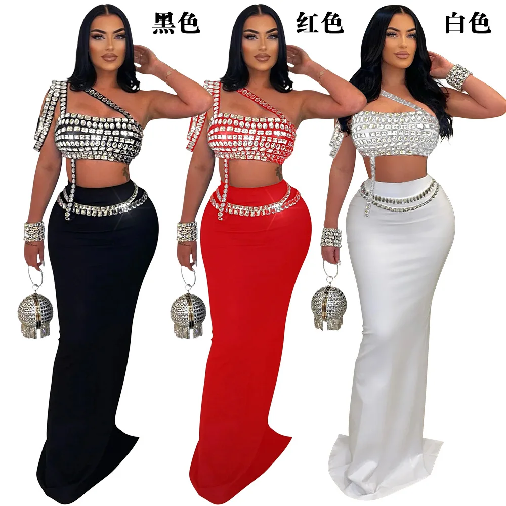 Sparkly Diamonds Tube Top Long Skirt Two Pieces Set for Women Sexy Celebrate Evening Prom Birthday Photo Shoot Dress Stage Wear