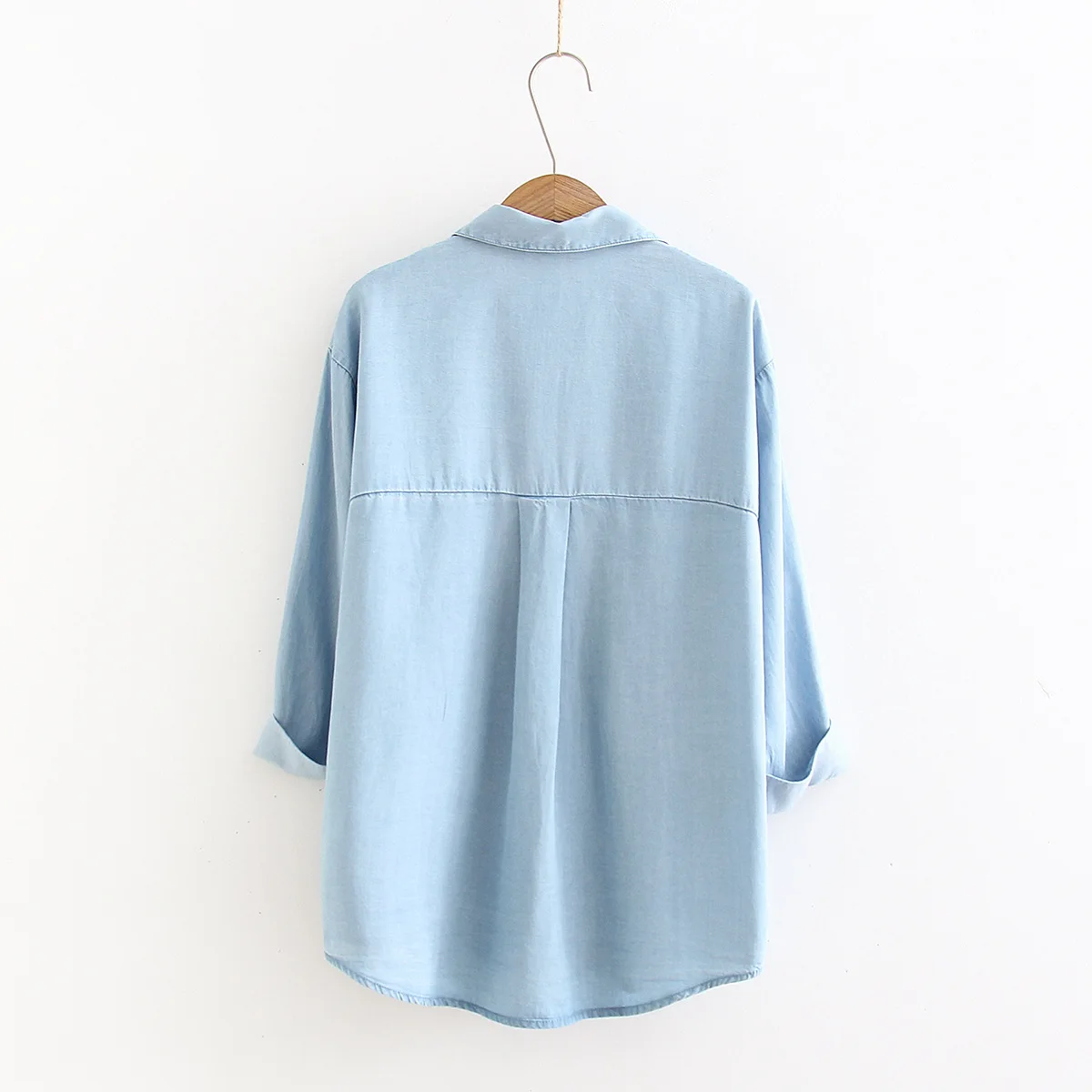 نصف كم الدنيم قمصان المرأة الصيف لينة الجينز لباس خارجي اثنين جيب بلوزات فضفاضة غير رسمية ثنى رقيقة معطف بلايز جديد T35442M #2