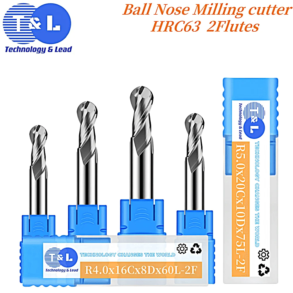 T&L HRC63 2-Flute Milling cutter for Aluminum R1 R2 R3 R4 Tungsten Steel Carbide CNC Machine Machining Ball Head Endmills Tools