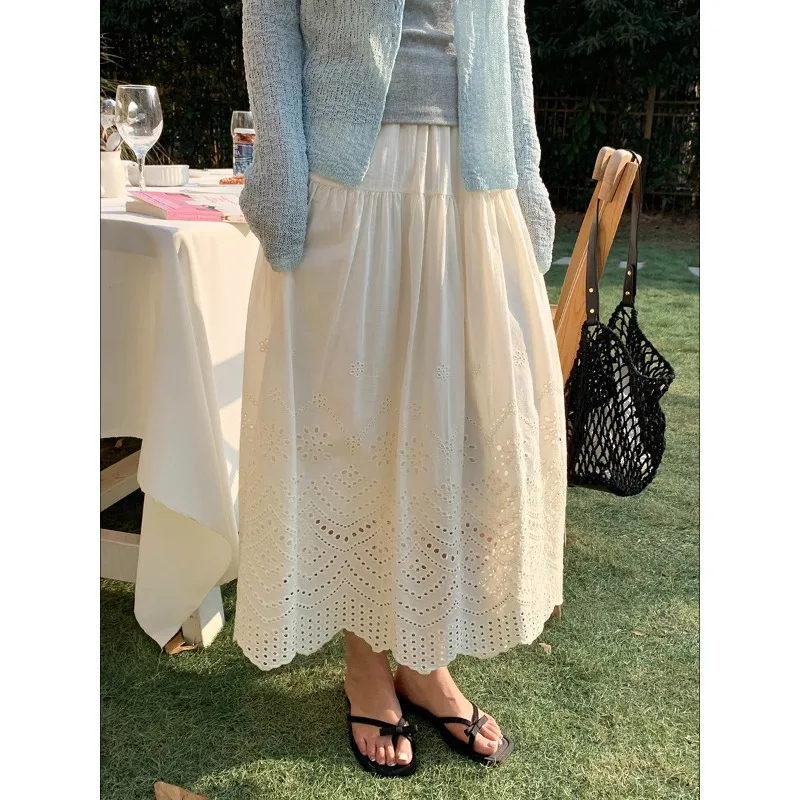 

2026 Women Summer Boho Long Skirt Lace Crochet Hollow Out Women Fashion High Waist Cotton Maxi Skirt Femme Faldas Jupe Saia