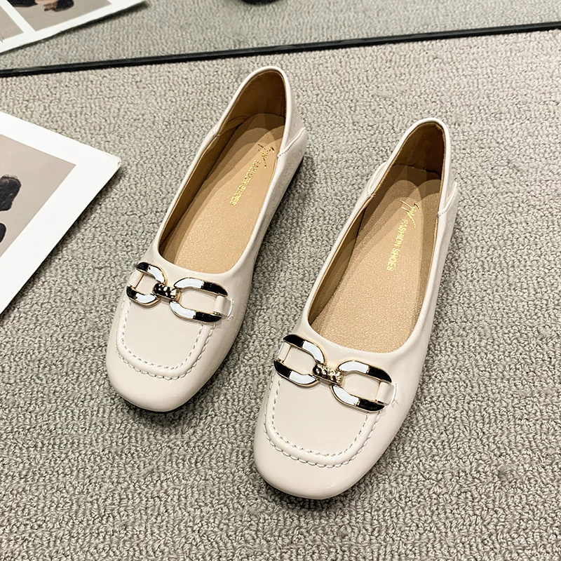 Leisure Flats for Women Spring Autumn Casual PU Slip on Square Toe Shoes for Women Solid Metal Decoration Casual Shoes Plus Size