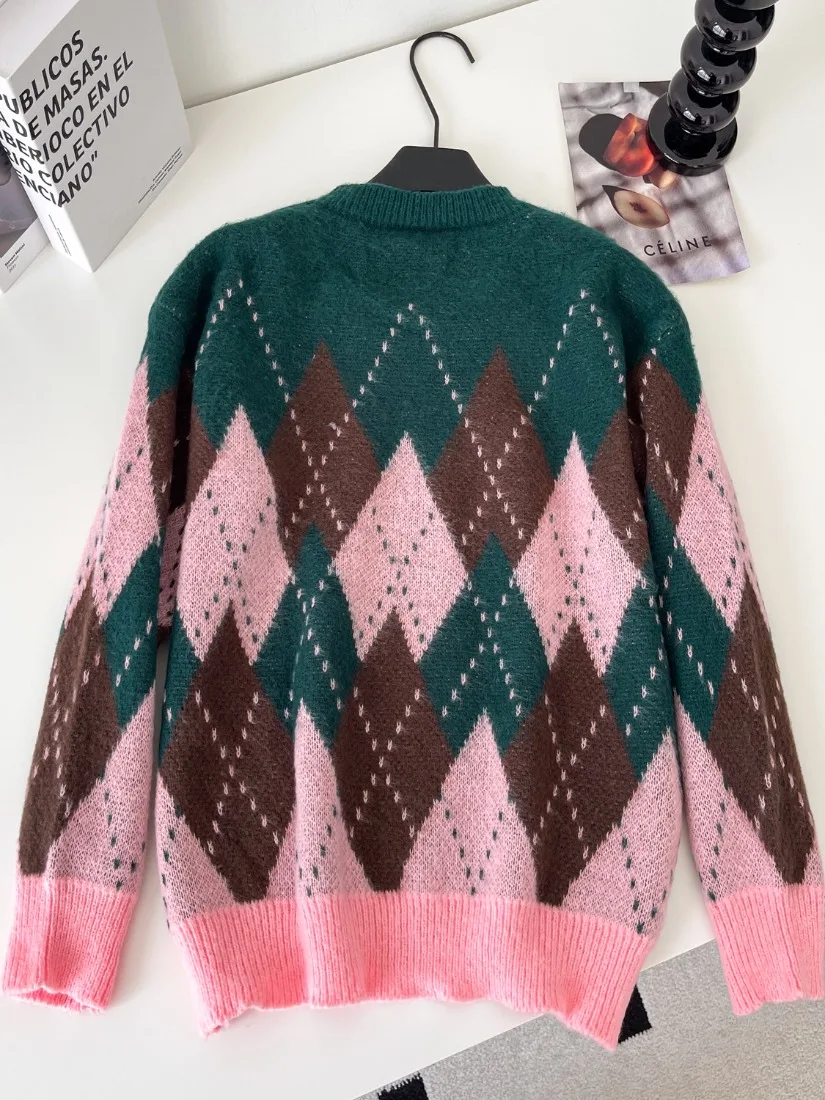 Foamlina European Diamond Round Neck Long Sleeve Knit Sweater Women Autumn Loose Flattering Street Style Relaxed Lazy Sweet Top