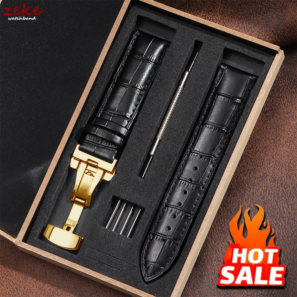Genuine Cowhide Watch Straps with Box WatchBand 4mm 16mm 18mm 20mm 21mm 22mm 24mm Wristband Belt Butterfly Clasp Watch Bracelet
