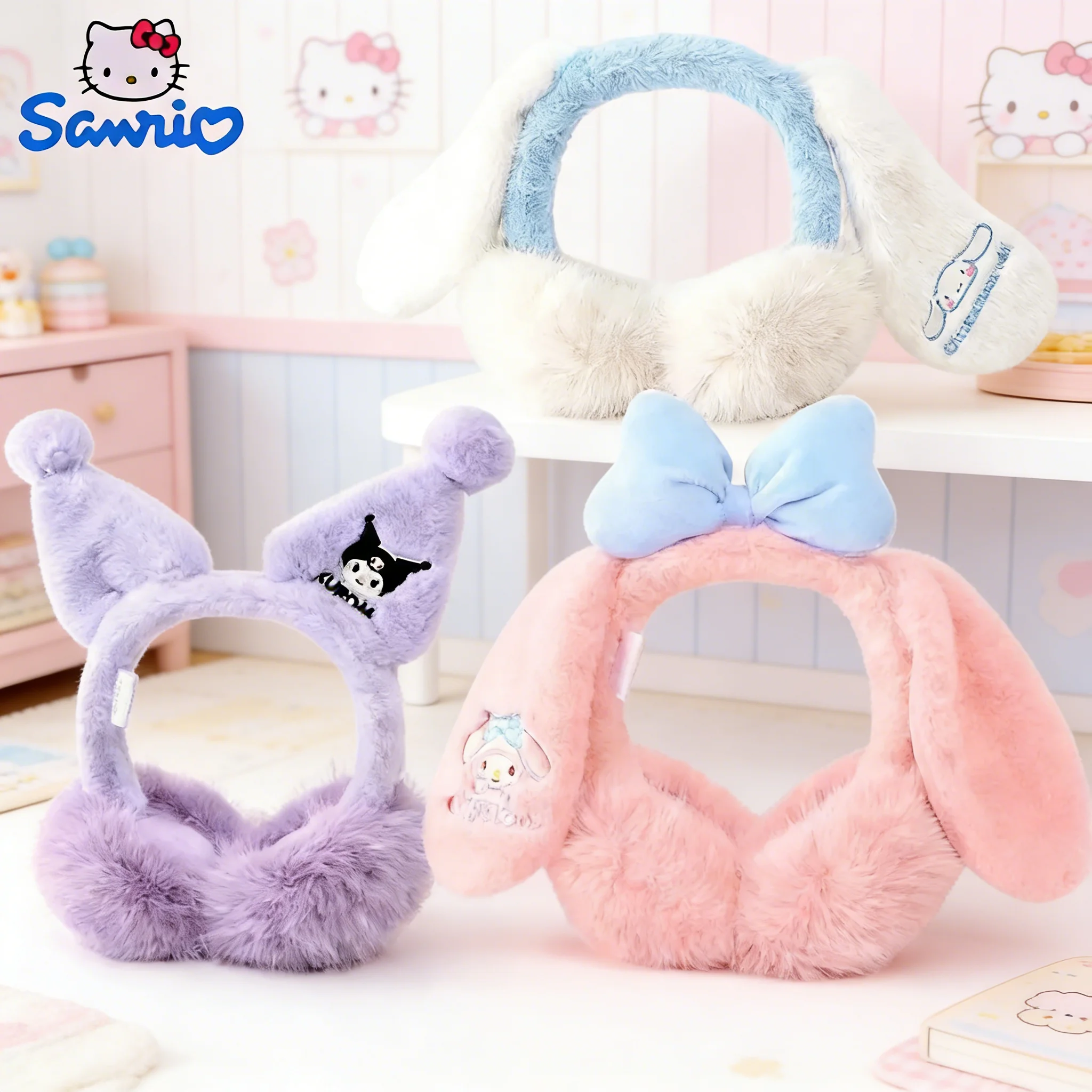

Плюшевые наушники Miniso Sanrio Lovely Melody Kuromi, осенне-зимние, теплые, модные, стильные, с мультяшными персонажами, подарок для друзей