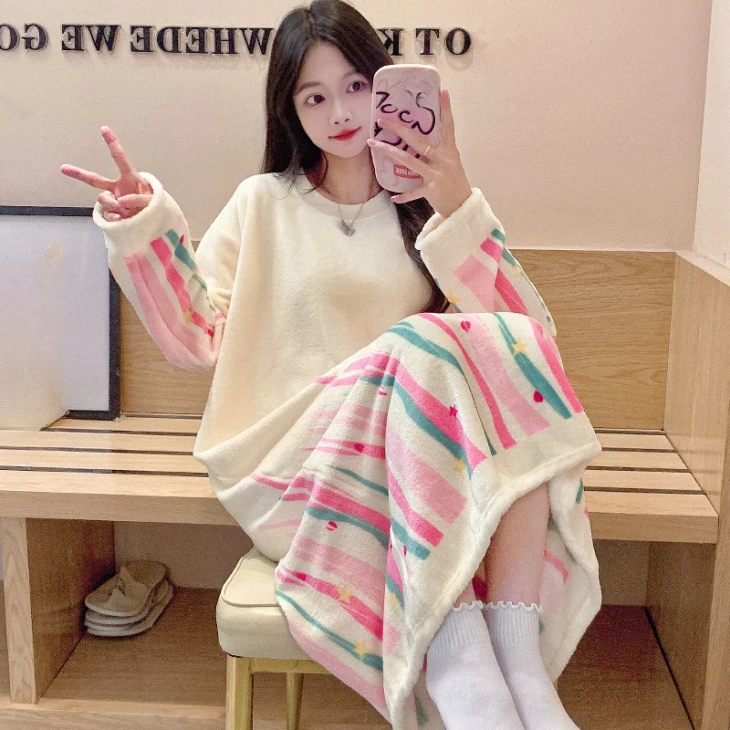 Autumn Winter Nightgowns & Sleepshirts Young Girl Warm Flannel Nightdress Long Sleeve Women Sleepwear Shirt Home Wear Clohtes