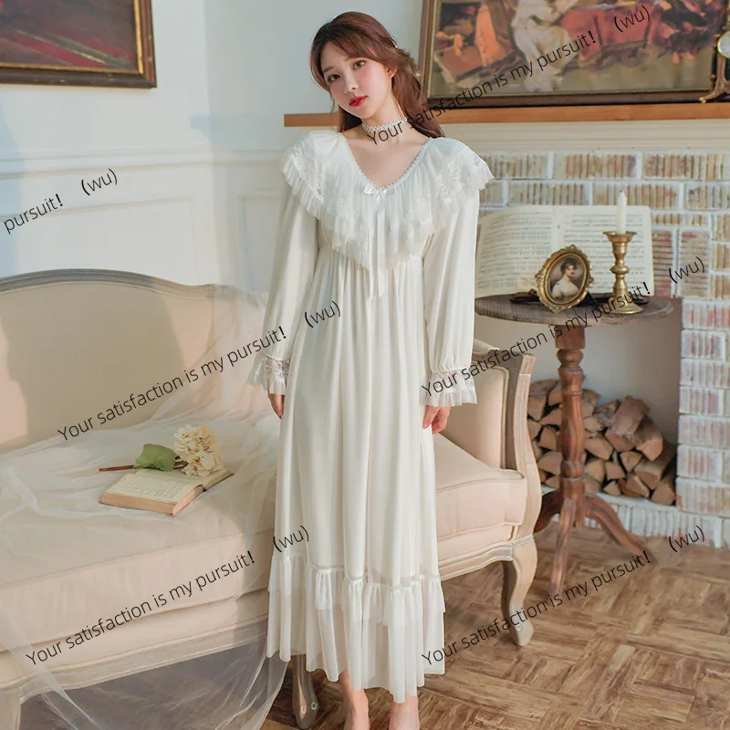 

Женская пижама в стиле принцессы с нагрудником, весенне-осенняя пижама с длинными рукавами, французская модальная сексуальная кружевная длинная ночная рубашка