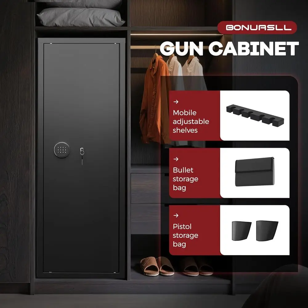 Fireproof Rifle and Pistol Safe with Digital Lock, Adjustable Shelves, and Handgun Pockets for Home Security