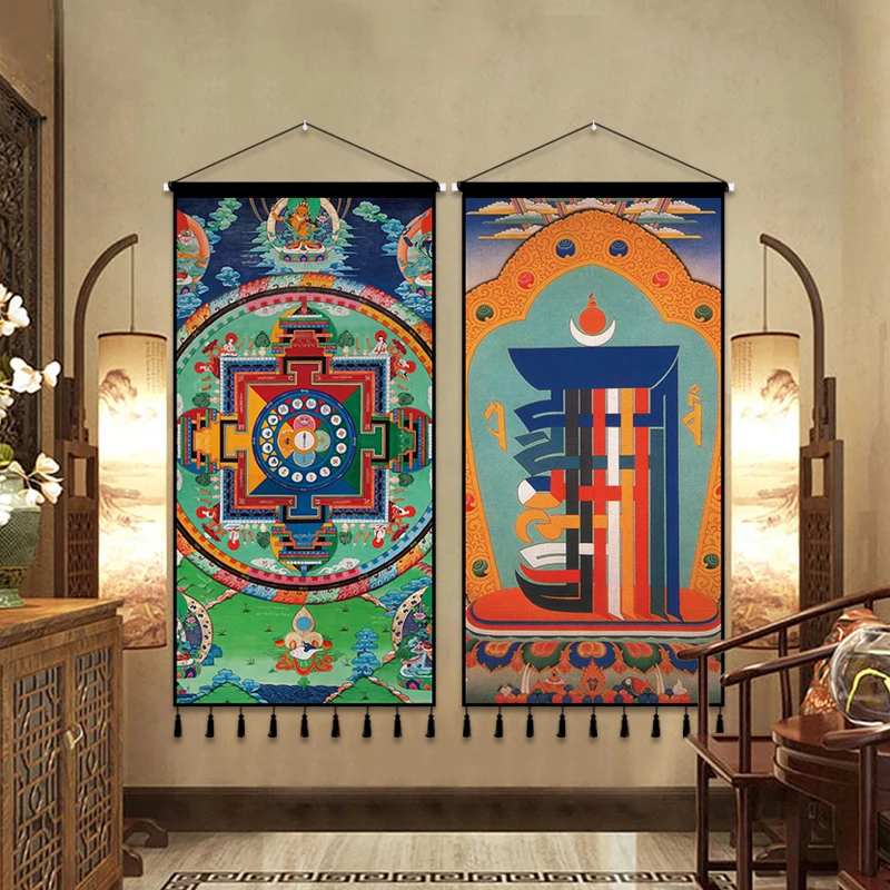 Tibetan Tangka Tapestry with Ethnic Style Fabric Art Extended and Widened Buddhist Meditation Wall Decoration Background Fabric