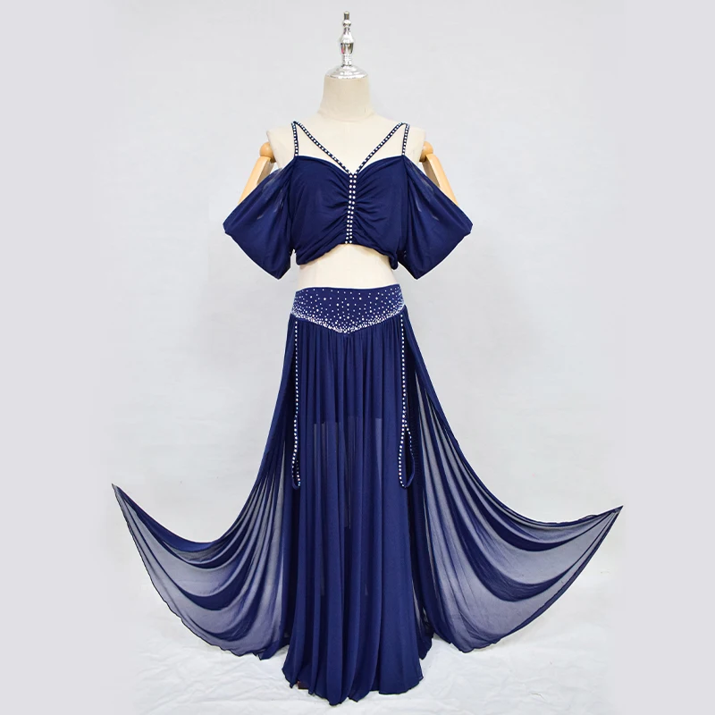 YuanDian Jupe Longue Danse Du Ventre Double Haute Fente Mousseline De Soie - Professionnelle Moderne (Bleu Saphir)