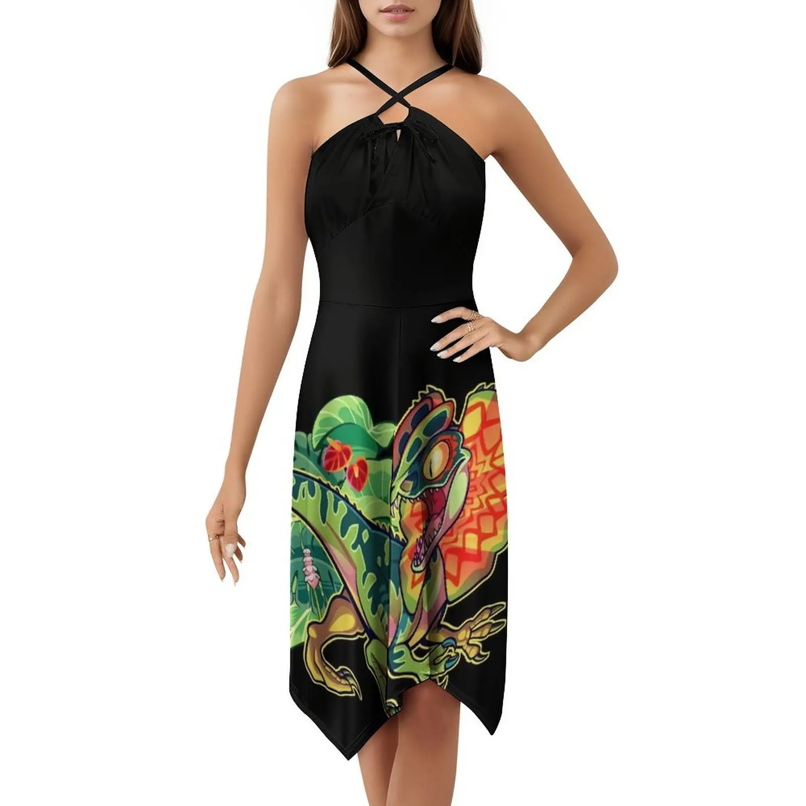 Dilophosaurus فستان بفتحة عنق على شكل قلب فستان أنيق للحفلات الصيفية للنساء Dilophosaurus ديناصور الديناصورات دينو أنثى #5