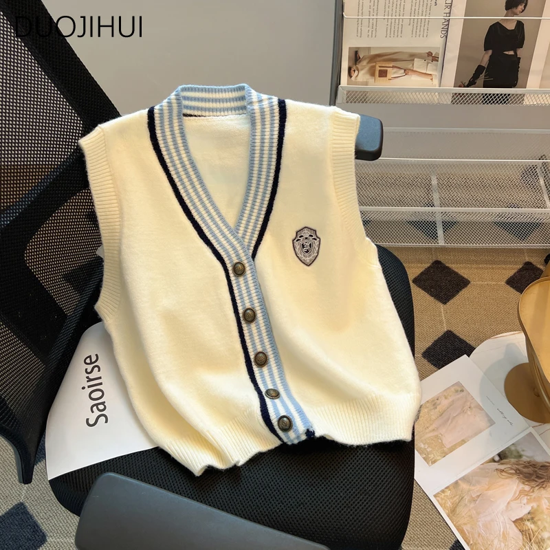 DUOJIHUI Preppy Style Spell Color Chicly Cardigan Female Sweater Vest New Vintage Basic V-neck Fashion Button Women Sweater Vest