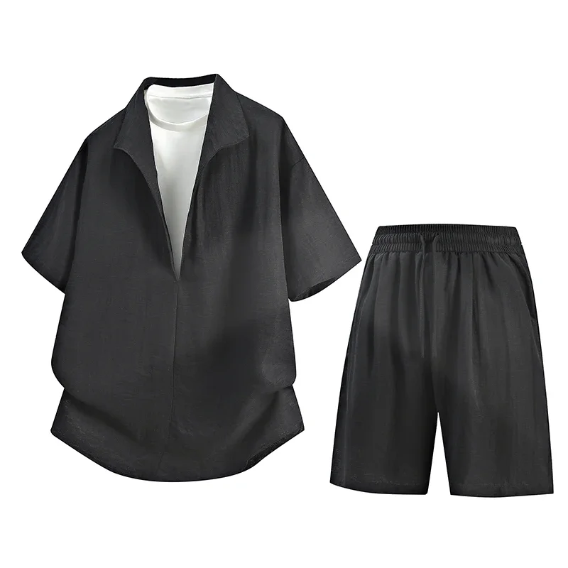 

Man Summer Casual Slack Sets with Shorts Hot Sale Fake Two-piece Shirts