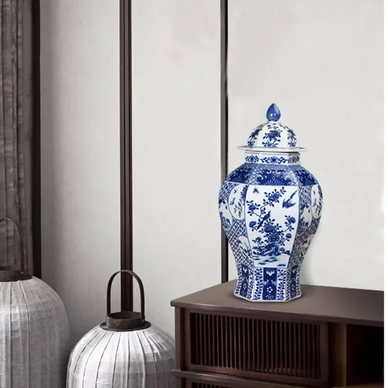 Chinese Style Flower Vase Blue and White Ceramic General\'s Jar Six Sided Pattern Tabletop Vase TV Cabinet Porcelain Ornaments