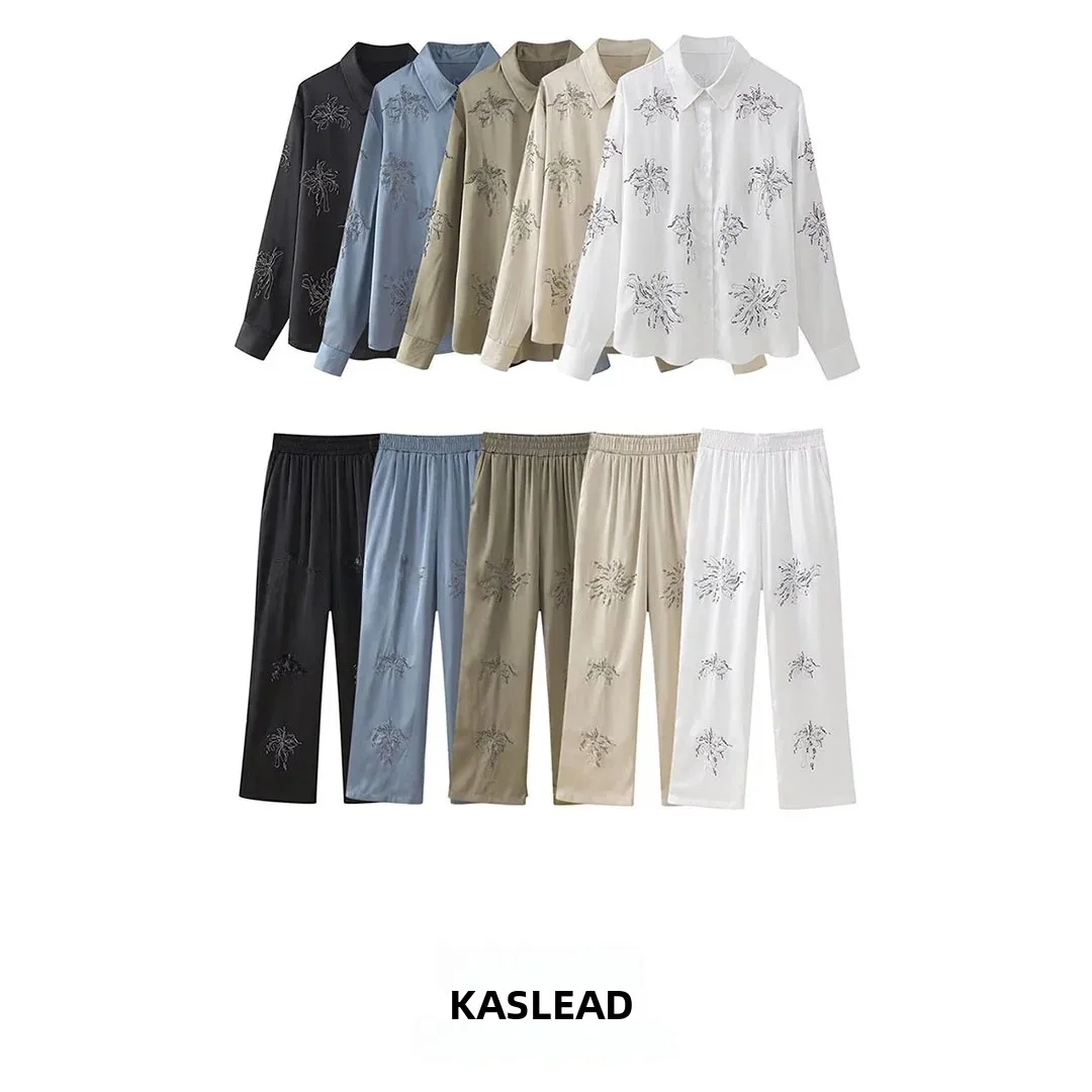 KASLEAD New Women's Fashion Beaded Embroidery Shirt And Pants Set Long Sleeve Collared Autumn Wear Floral Plant Patterns