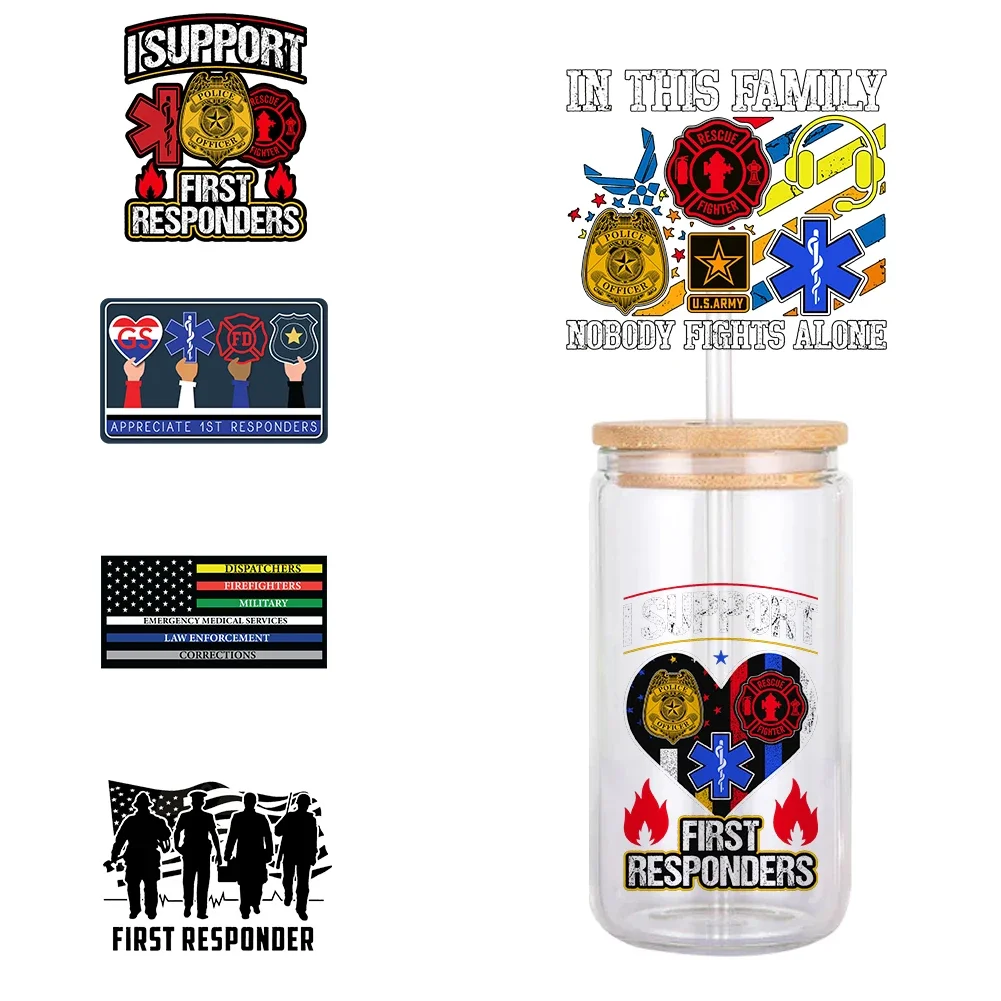 

11x11cm First Responders Mixed Waterproof UV DTF Cup Wrap for 16Oz Libbey Glass Can DIY Transfer Sticker