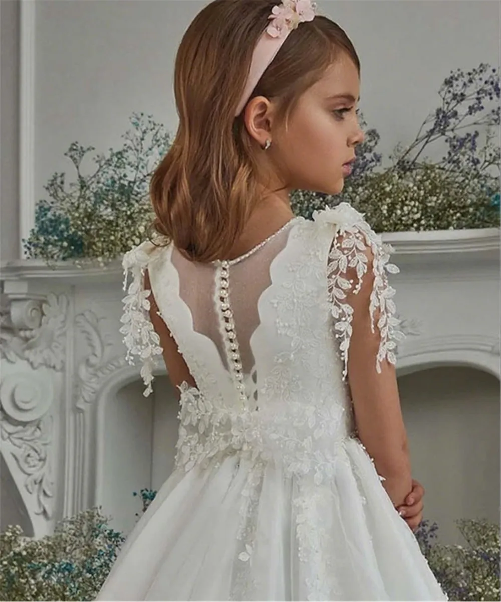 Elegante flor menina vestido de casamento apliques pérolas arco sem mangas cetim boho princesa crianças festa aniversário primeira comunhão vestido