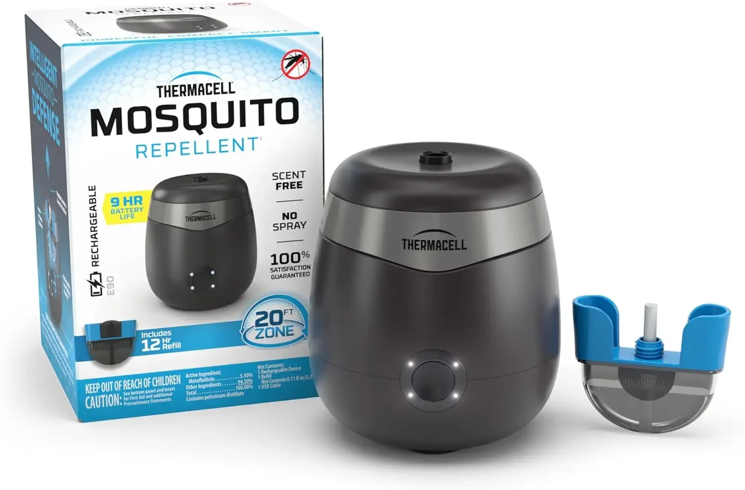 

Mosquito Repellent Rechargeable Repeller;20’ Mosquito Protection Zone;Includes 12-Hour Repellent Refill;No Spray