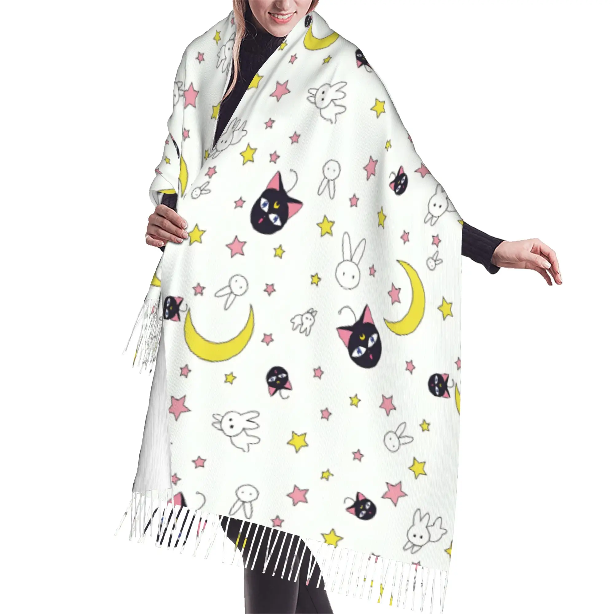 Custom Sailored Manga Anime Mooned Tassel Scarf Women Soft Usagi Tsukino Luna Shawls Wraps Female Winter Scarves