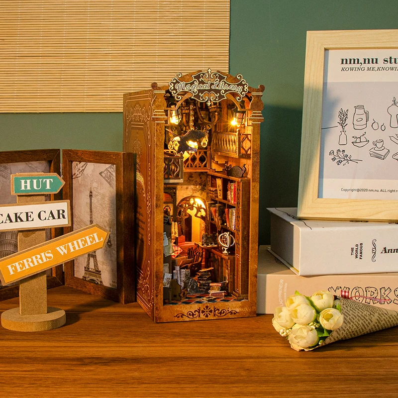 DIY Magic Library 3D Puzzle Bookend Building Model Miniature Architecture Kit Stress Relief Halloween Gift for Book Lovers
