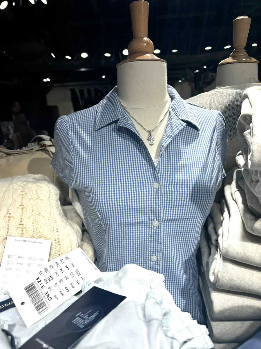 

Blue Plaid Slim Blouse T-shirt Women Single Breasted Single Breasted Cotton Tees Summer Vintage Simple Sweet Short Sleeve Shirts