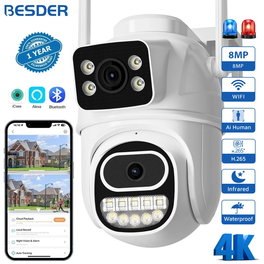 

4K 8MP Wifi IP Camera PTZ Dual Lens Outdoor Auto Tracking Human Detection CCTV Surveillance Camera 6MP Security Protection iCSee