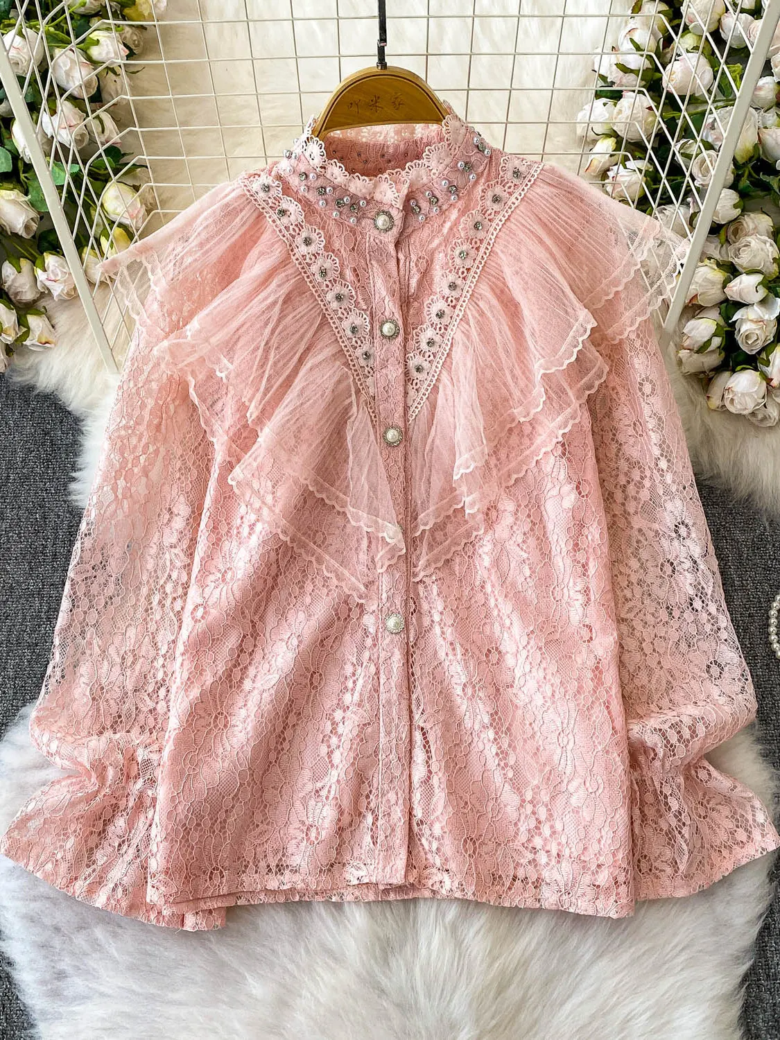 Franse Zware Industrie Diamant Opstaande Hals Lange Mouw Lolita Shirt Vrouwen Zomer Hof Kant Leeftijdsreductie Veelzijdige Ruches Top