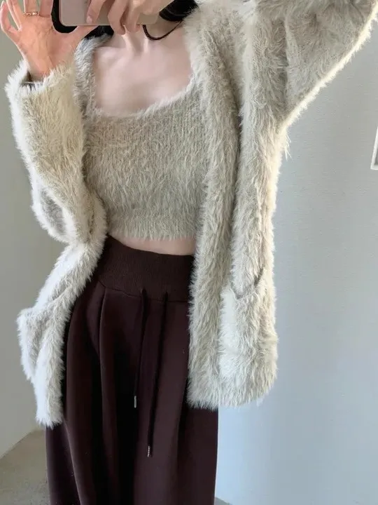 

Thiened Knitted Long Sve Sweater Vest Women Plu Looking Mink Imitation Coat Two Piece Set Lazy Sle Early Winter