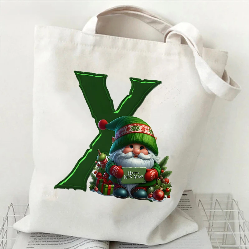 موضة A-Z 26 رسالة حقائب النساء الأخضر سانتا كلوز الرسم قماش حمل حقيبة تسوق حقائب كتف سعة كبيرة