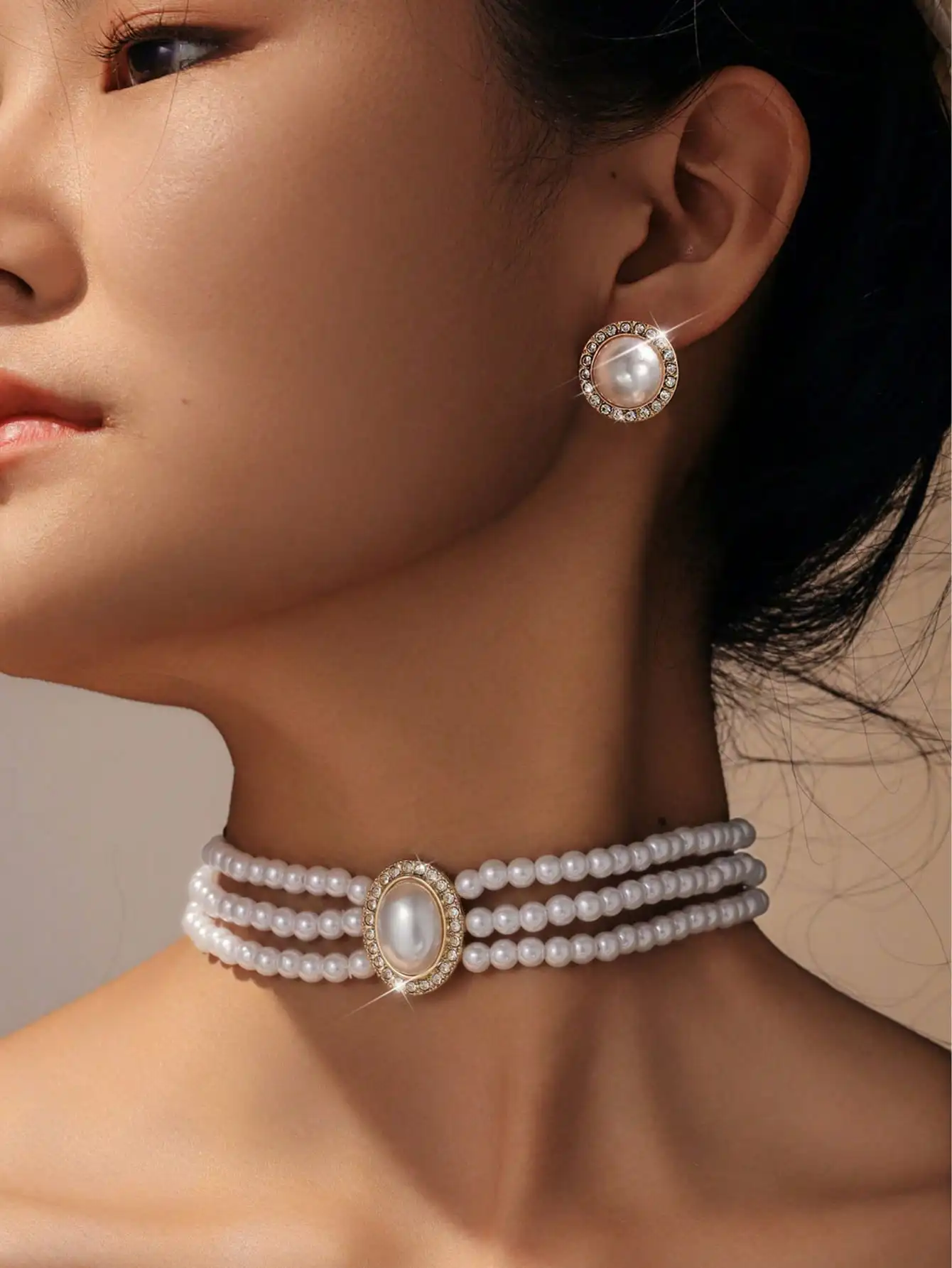 Women's Elegant Multi-Layer Pearl Necklace & Earring Set