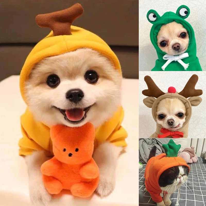 

Cute Cartoon Fruit Animal Simulation Dog Cat Cloth Fun Design Warm Soft Dog Hoodie Frog Banana Carrot Deer Christmas Pet Outfit