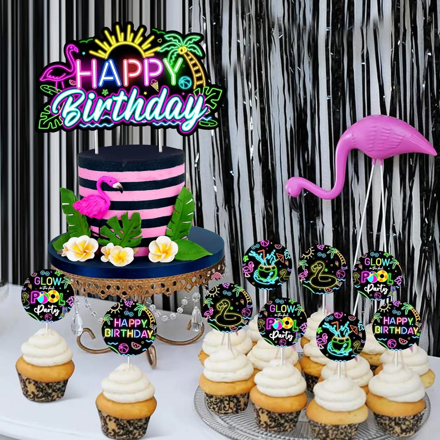 Neon Pool Happy Birthday Cake Toppers Set Glow In The Dark Party Cake Decor 1st 2nd 3rd Birthday Coconut Flamingo Table Decor