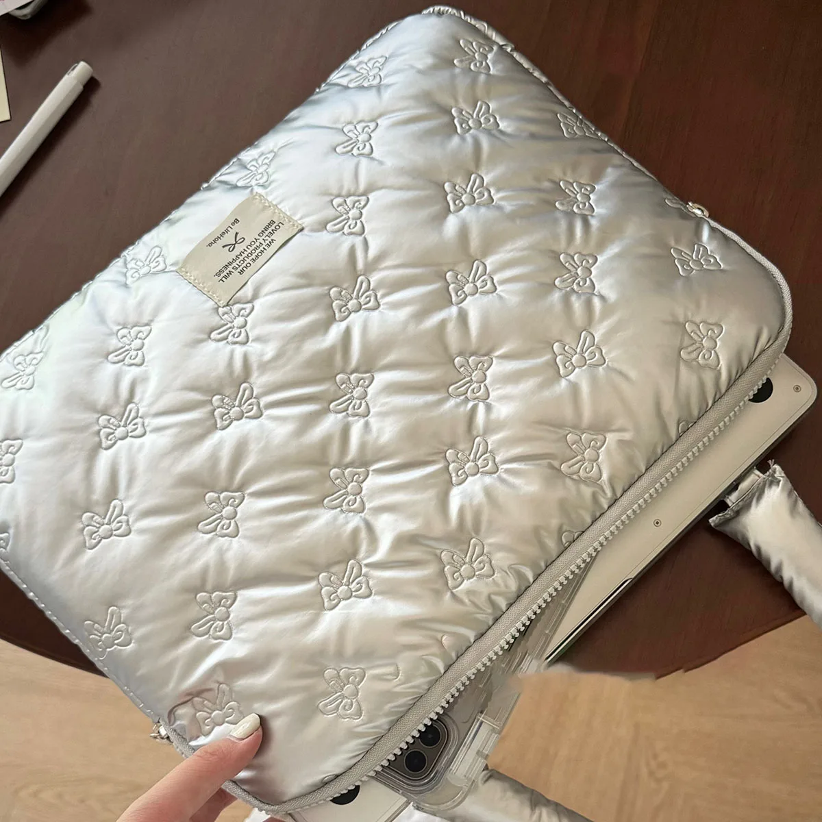 Sac en cuir PU argenté pour ordinateur portable, pochette de rangement portable, sac pour ordinateur à la mode, coréen Bow Knont, Ins, Y2K