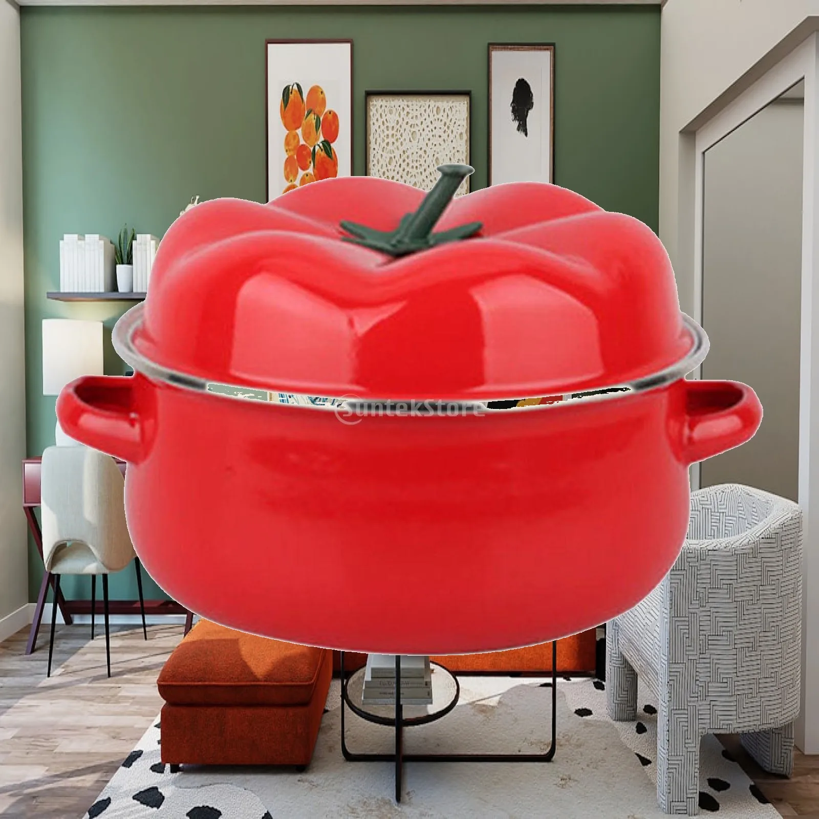 Heat Resistant Enamel Tomato Pot Soup Cooker with Double Handle for Gas and Electric Stove Use 1.6 Liter Stew Pan