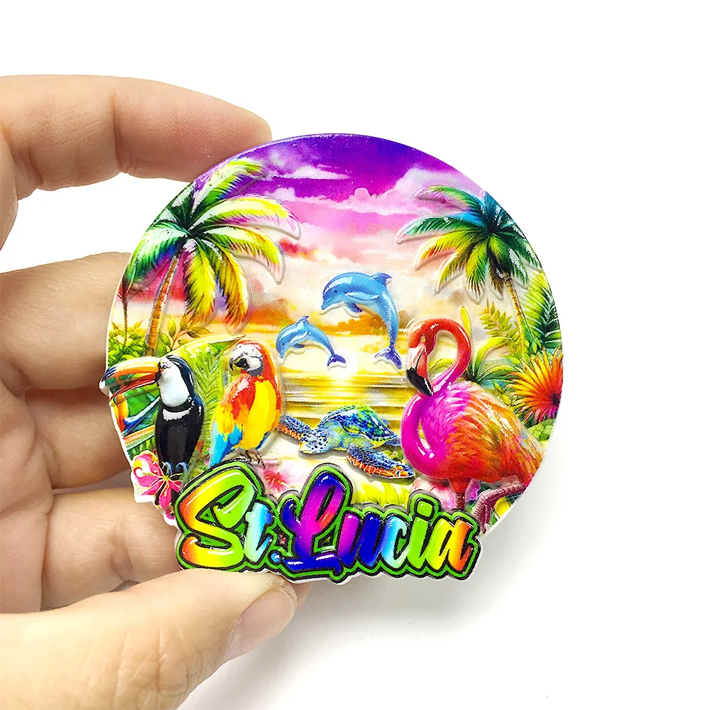 

Saint Lucia 3D Resin Fridge Magnet, Displaying Tropical Dolphin, Flamingo & Parrot Scene