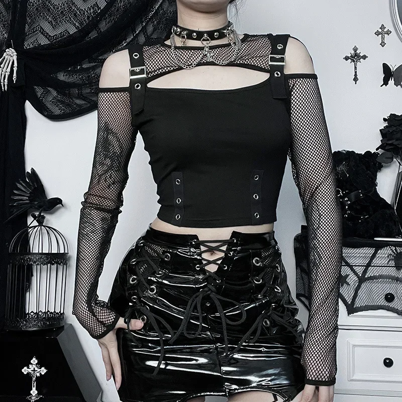 Halloween Sexy Dark Versatile Lace Patchwork Cross Long Sleeve Pullover Contrast Panel Cyber Y2K Gothic Slim Fit T Shirt Top