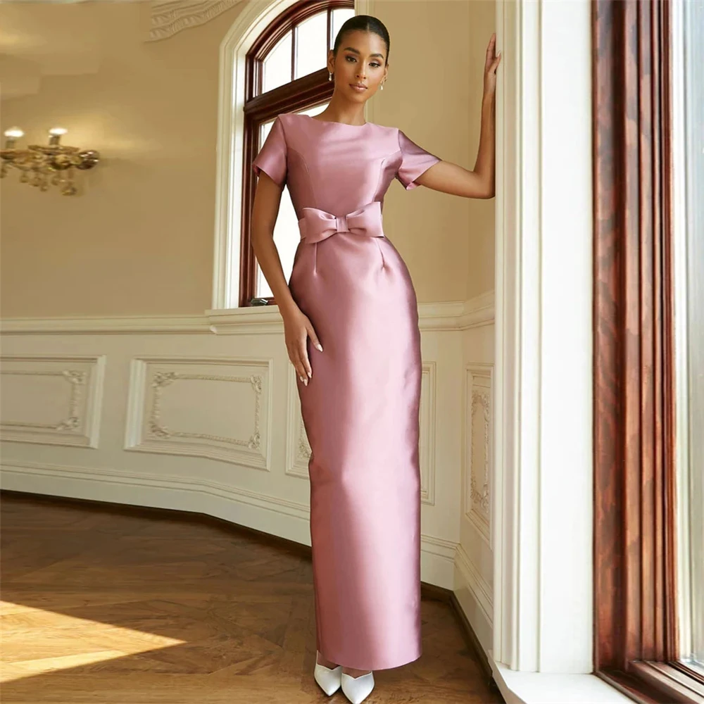 

Customized Fashion Elegant Pink Satin Evening Dresses With Bow Short Sleeves Sheath Jewel Neckline Ankle Length Party Prom Gowns