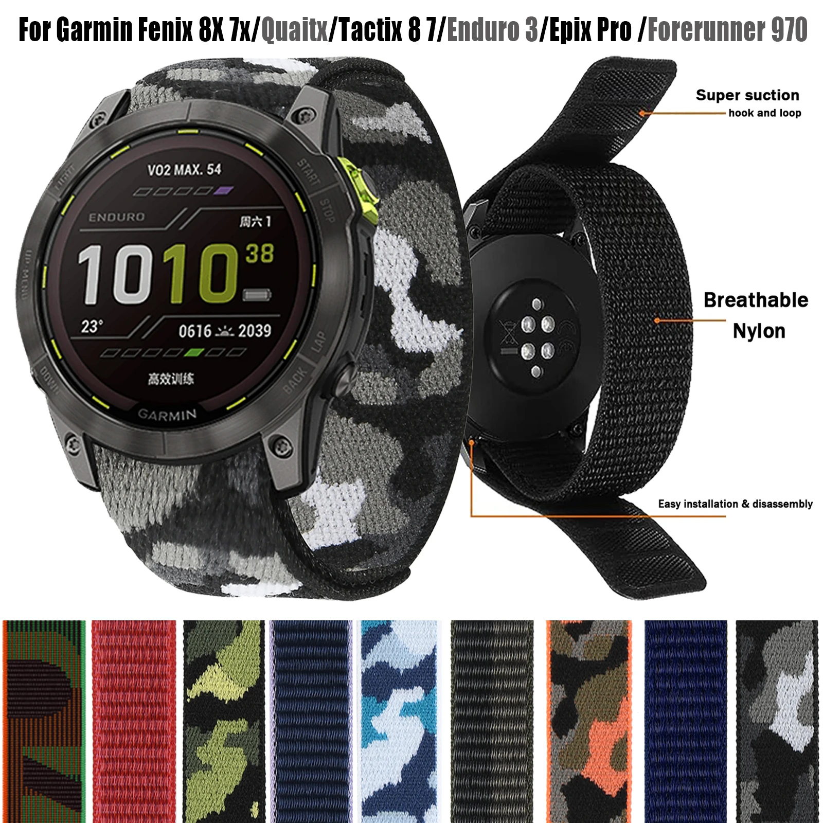 26 مللي متر 22 مللي متر النايلون هوك حلقة حزام ل Garmin إندورو 3/Epix Pro Gen 2/Fenix 8 E 7X 7 Quatix 8 QuickFit الرياضة تنفس سوار