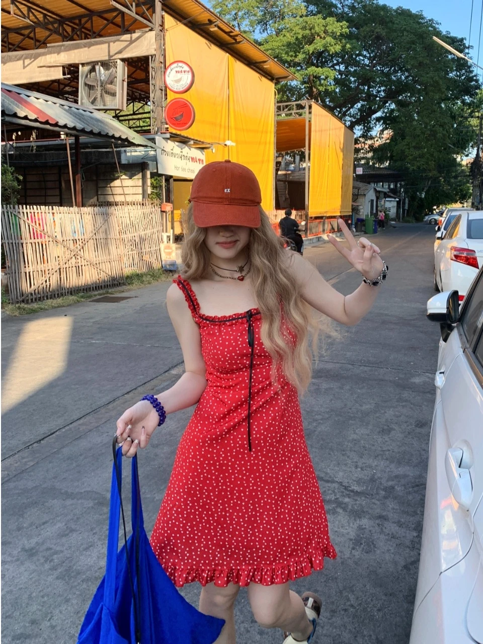 

plus Size Women's Sweet Spicy Polka Dot Red Strap Dr A-Line ort Skirt Belted Waist Slimming Spring New Sle Korean Sle