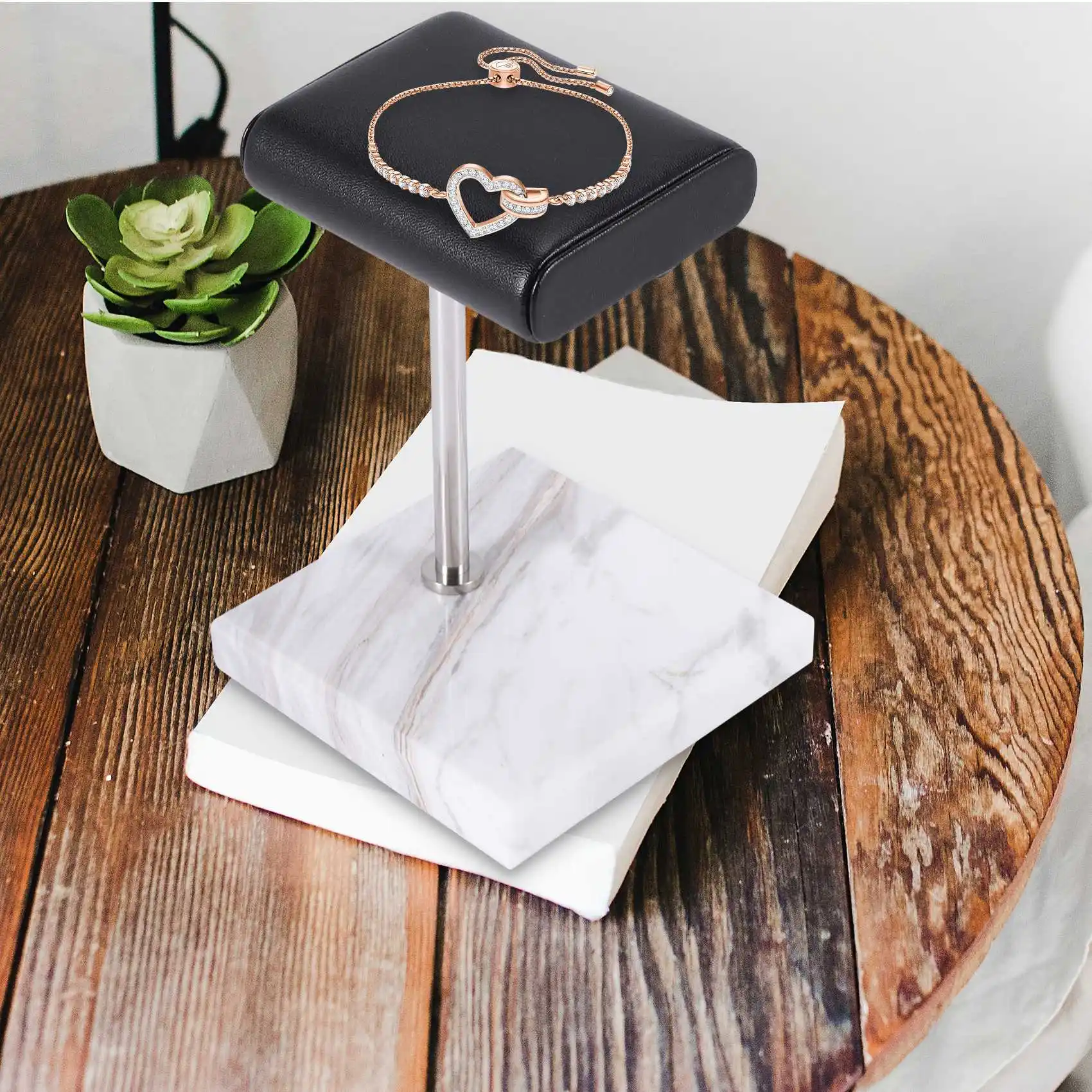 White Marble Watch Bracelet Display Stand Black PU Leather Jewelry Stand Watch Stand Silver Color Rod Placement Stand