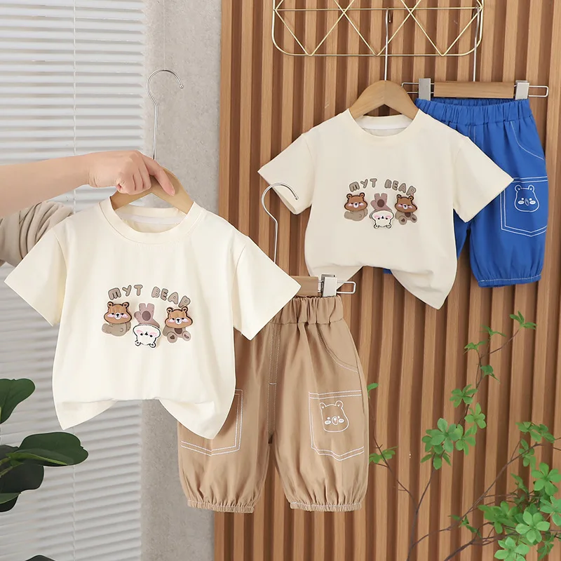 

Boys short sleeve set summer new style casual letter inverted bear round neck short sleeve two-piece set tide