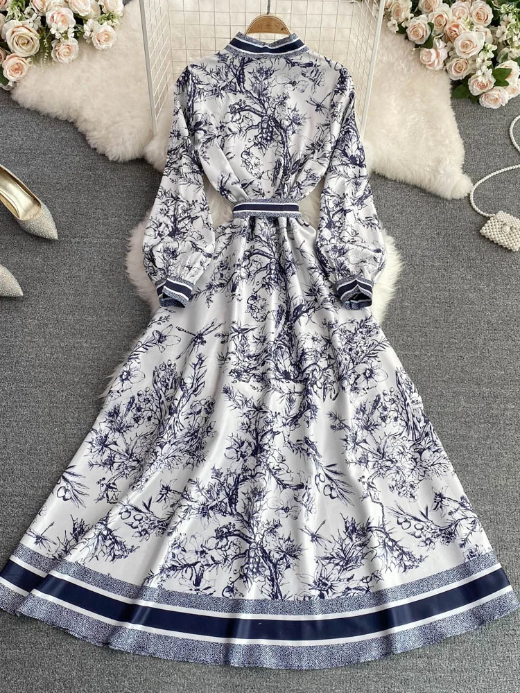 Primavera Auutmn elegante abito lungo donna colletto rovesciato stampa a-line abiti da festa Vintage manica lunga floreale abito lungo Vestidos