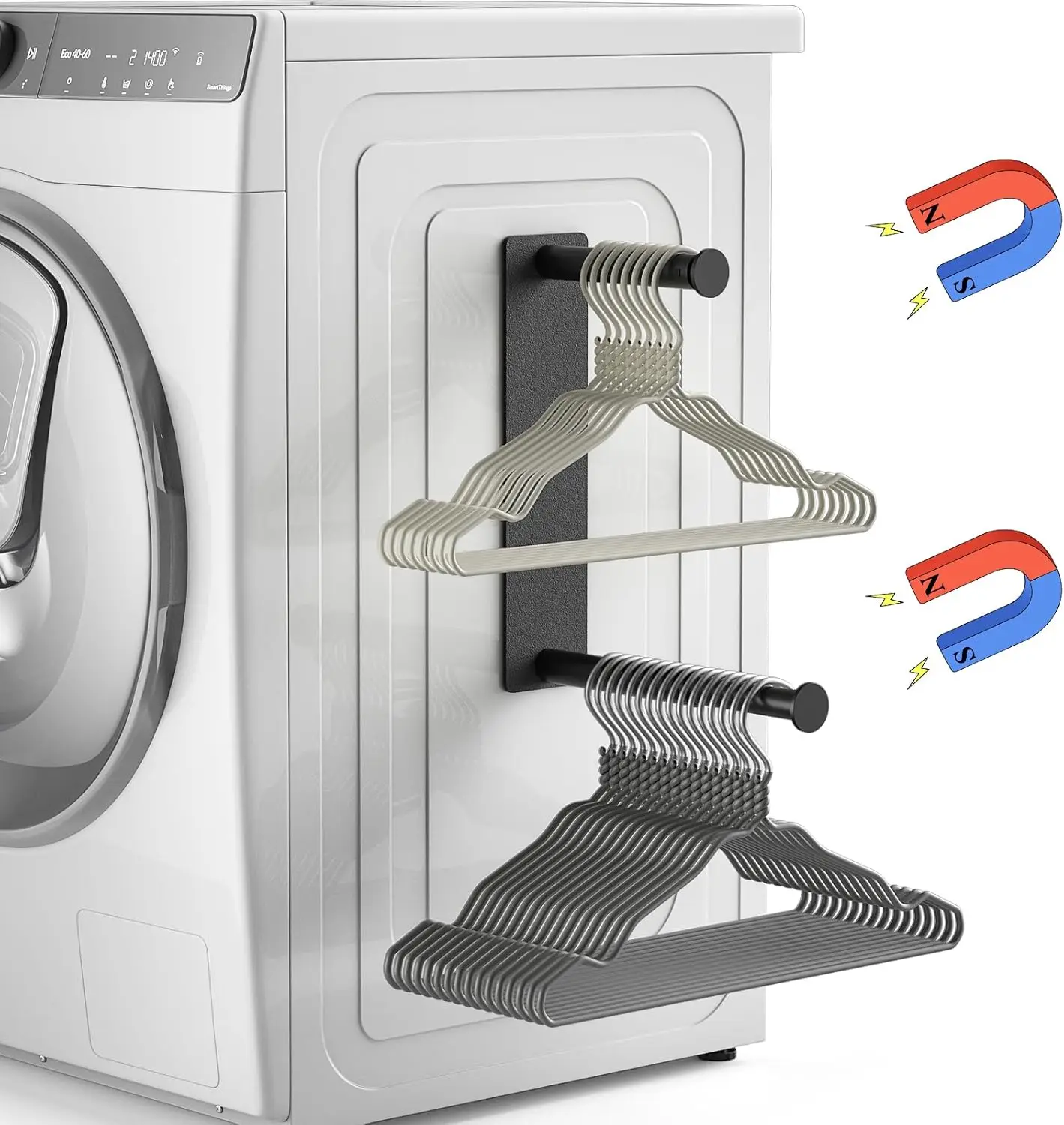 

Magnetic Hanger Organizer, Extendable Storage Rack for Washing Machine Closet Laundry Room, Holds Up to 25 Hangers, Black
